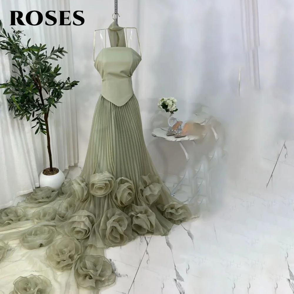 Rosas verde plissados vestidos de baile com lenço sem mangas vestidos de noite sem alças 3d-flores vestido de festa para mulher personalizado