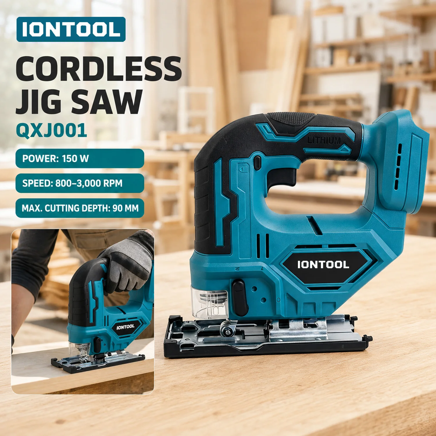 IONTOOL 150W 3000SPM 90mm Brushless Cordless Jigsaw for Furniture Making and Panel Board Cutting Projects