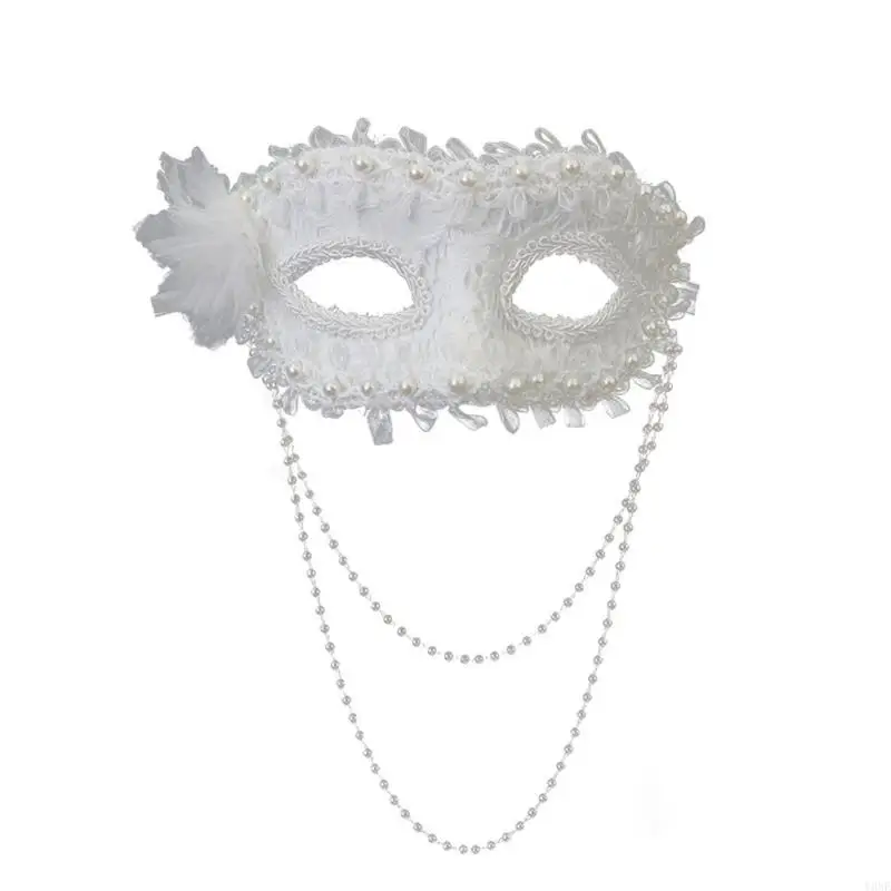 Y3NE Side Flower Faux Pearls Half Face Mask Comfortable For Costume Parties Halloween