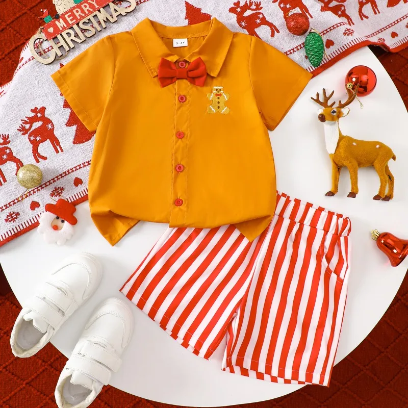 Infant Baby Boy Christmas Outfit Orange Button Up Shirt With Red Bow Tie Striped Shorts And Gold Bell Embellishment 0 24M