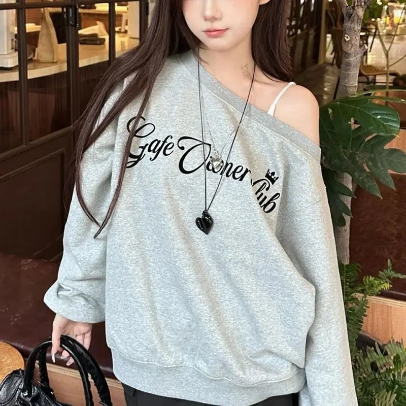 

American Letter Retro Printed Sweatshirts Spring Autumn Skew Collar Female Clothing Casual Loose Fashion Off Shoulder Hoodies
