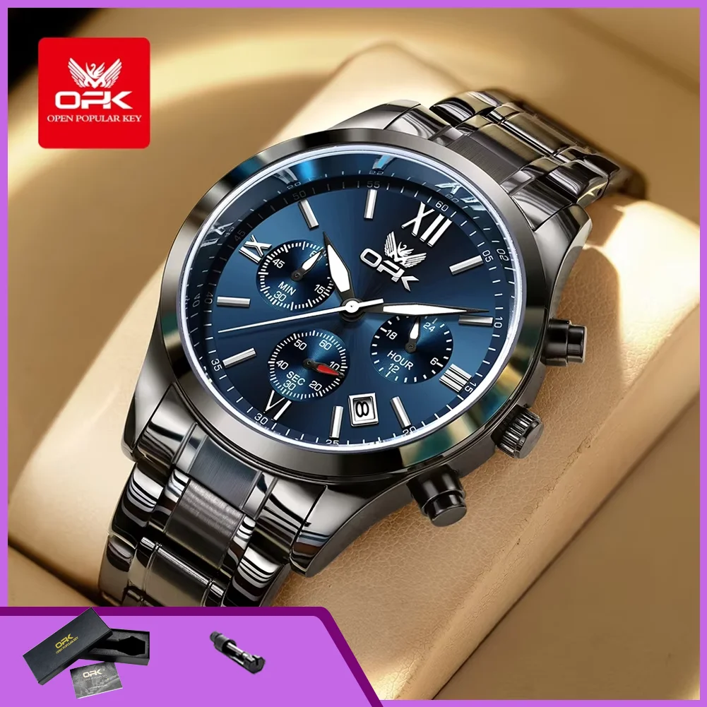 OPK 6052 Chronograph Quartz Wristwatch Original Steel Strap Waterproof Luminous Calendar Fashion Elegant Men's Business Watches