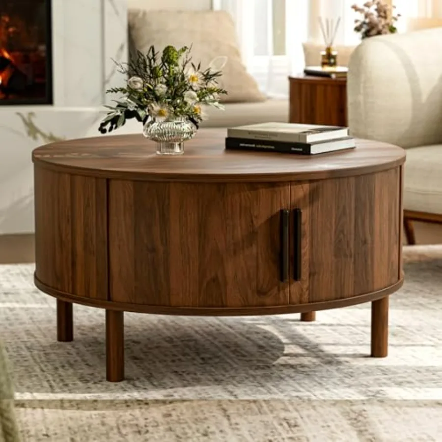 

Modern Round Coffee Table with Cabinets Sliding Doors for Living Room Small Space Friendly 29.9 Fluted Center Table in Walnut