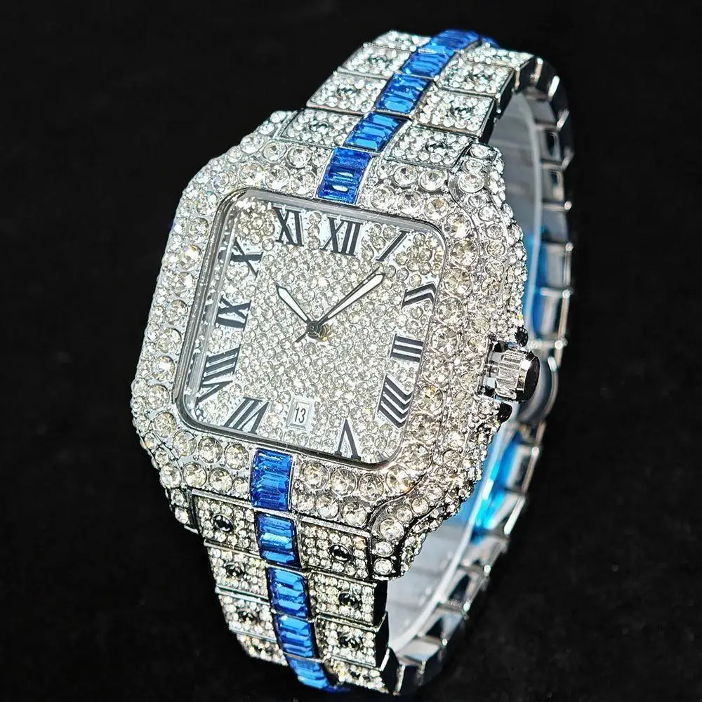 Fashion Watch For Men Brand UNIGUET Luxury Square Iced Out Quartz Watch Man Hip Hop Blue Diamond Jewelry Wristwatch Reloj Hombre