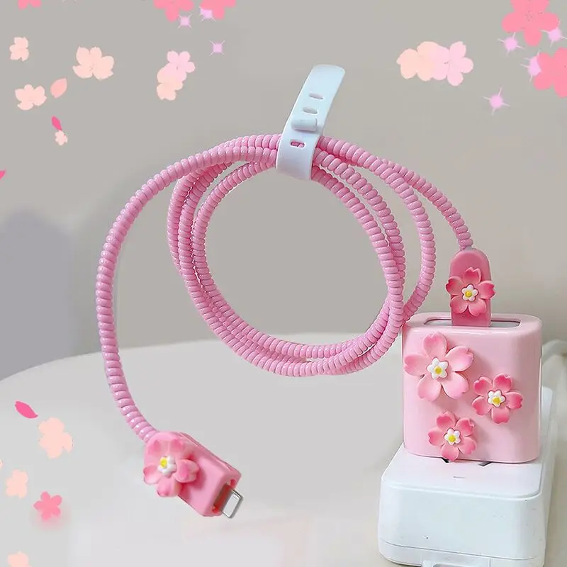 New Pink Flower Charger Cable Protector For iPhone 18W20W Charger Protector Data Line Spiral Winder Protective