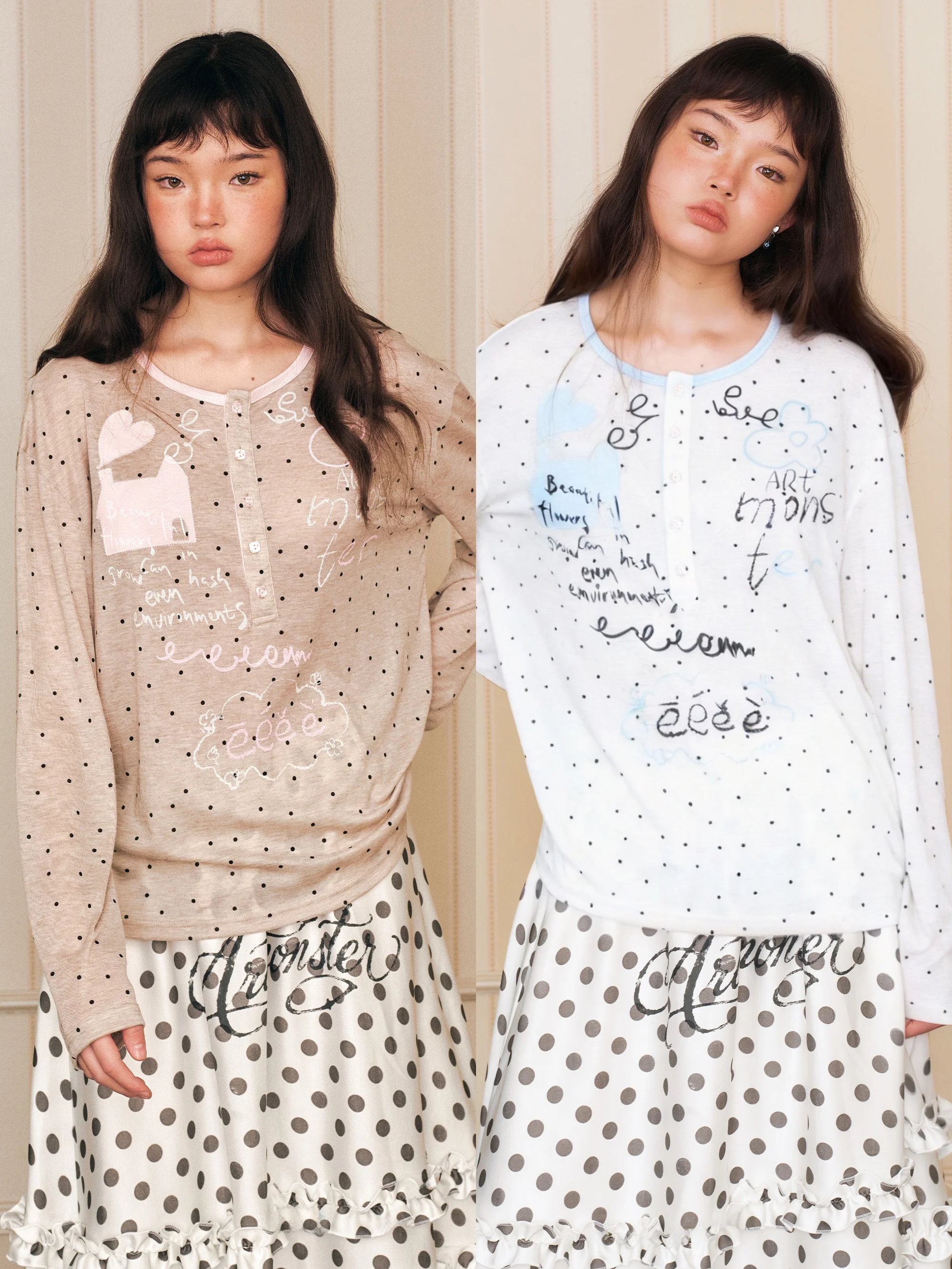 Doodle Slogan Lazy Style House Patch Thin Long Sleeve Breathable Polka Dot T-Shirt Women's Summer Skin-friendly round Neck Top