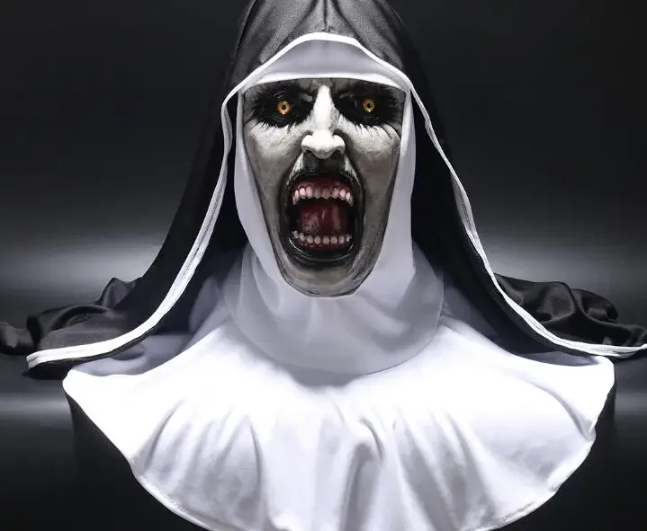 La Nun Horror Mask Cosplay Maschere spaventose in lattice con foulard Velo Cappuccio Casco integrale Costume Prop Carnevale di Halloween Vestire