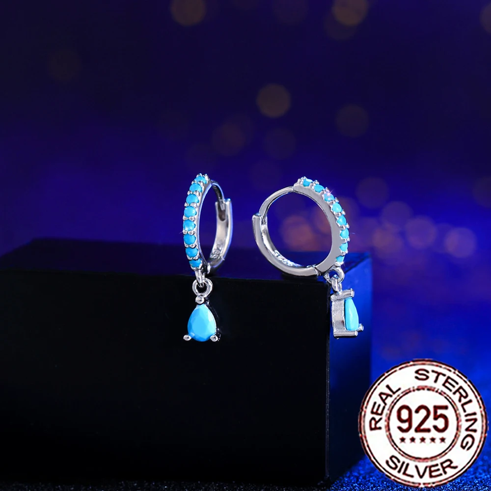 CWWZircons Sterling Silver 925 Elegant Water Drop Blue Turquoise Dangle Hoop Earrings for Women Wedding Party Jewelry Gift SE100 5