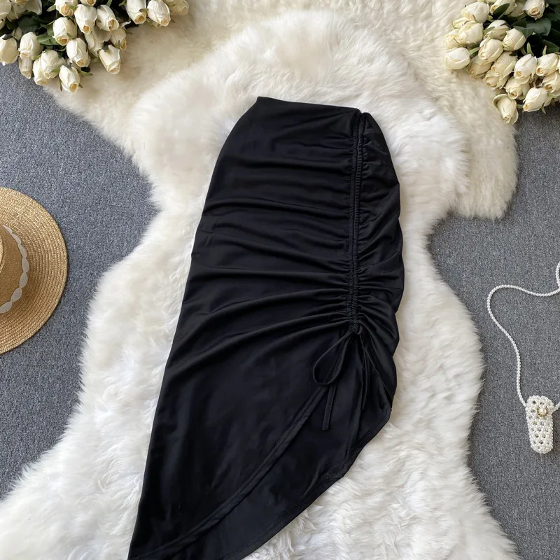 Retro Sle Vita alta f Gonna corpo Design unico Senso fessura Dstring Gonna aderente a pieghe Nuovo 2024 Colore di media lunghezza