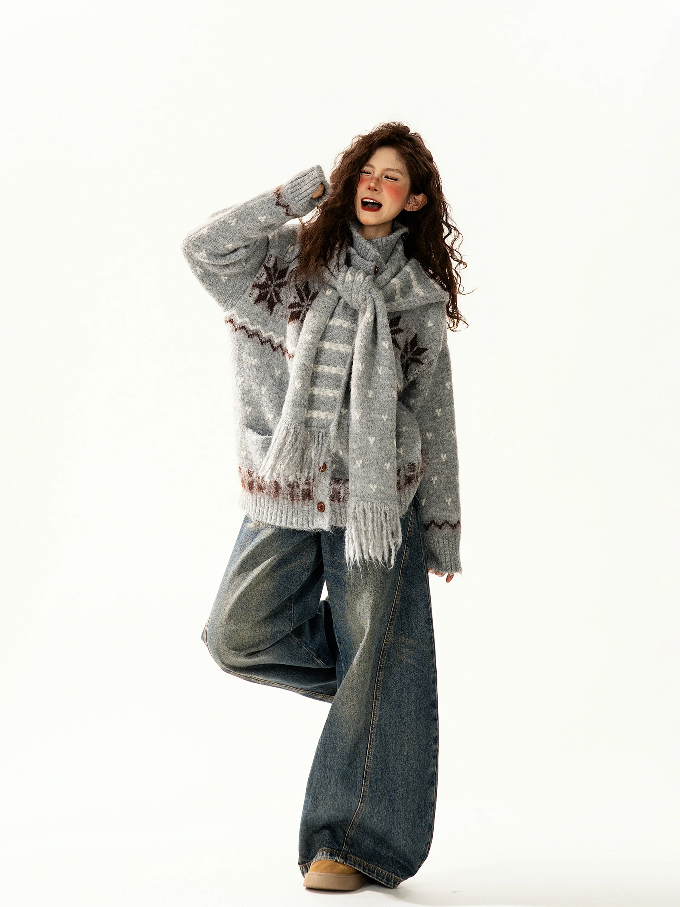 

Женский вязаный кардиган в стиле ретро Fair Isle, свободный, универсальный, с воротником-стойкой, длинными рукавами, тонкий, повседневный