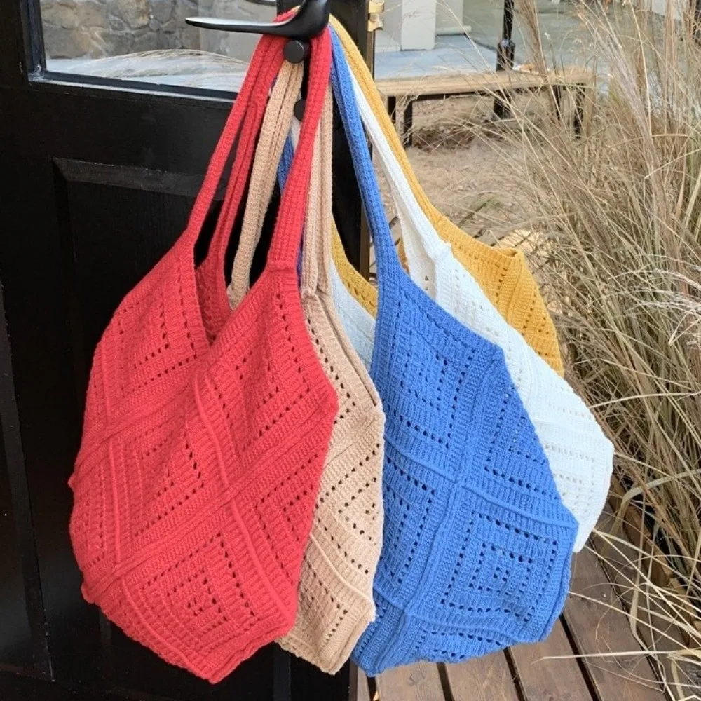 

Weave Knitted Hollow Bucket Bag Minimalist Hollow Structure Large Capacity Shoulder Bag Net Fishing Pattern Polyester