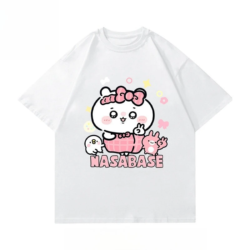 Japanese Anime Chiikawa Valentine Couple T-shirt Usagi Ji-i Print Unisex Loose Cotton Casual Kawaii Short Sleeve Tee