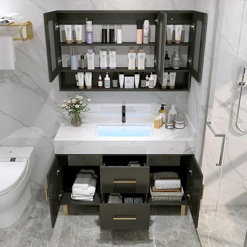 خزانة حمام مثبتة على الحائط مع مرآة بإضاءة LED ورف حمام منزلي وخزانة Meuble Wc Toilette Corner Chest