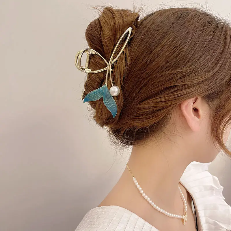 1/2pcs New Product Star Same Style Fish Tail Pearl Hair Clip Tail Clip High Grade Headwear Chinese Style Trendy Retro Grip Clip