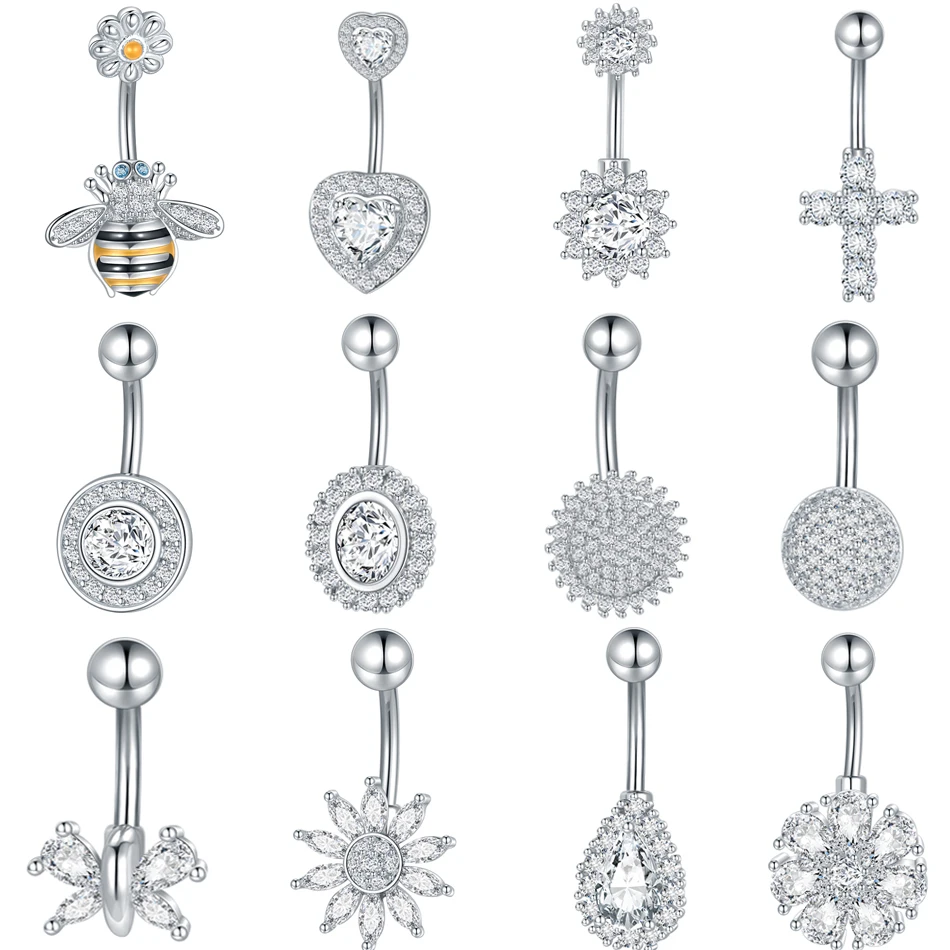 1Pc Stainless steel Belly Button Ring for Women Heart Round CZ Navel Piercing Externally Threaded Belly Piercing Body Jewely