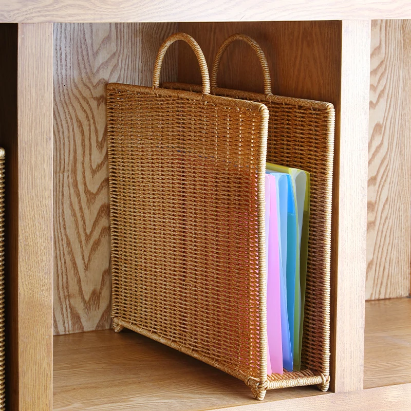 

Woven Rattan Magazine Rack, Portable Car File Organizer, Hollow Design Newspaper Basket, Handwoven Storage Basket