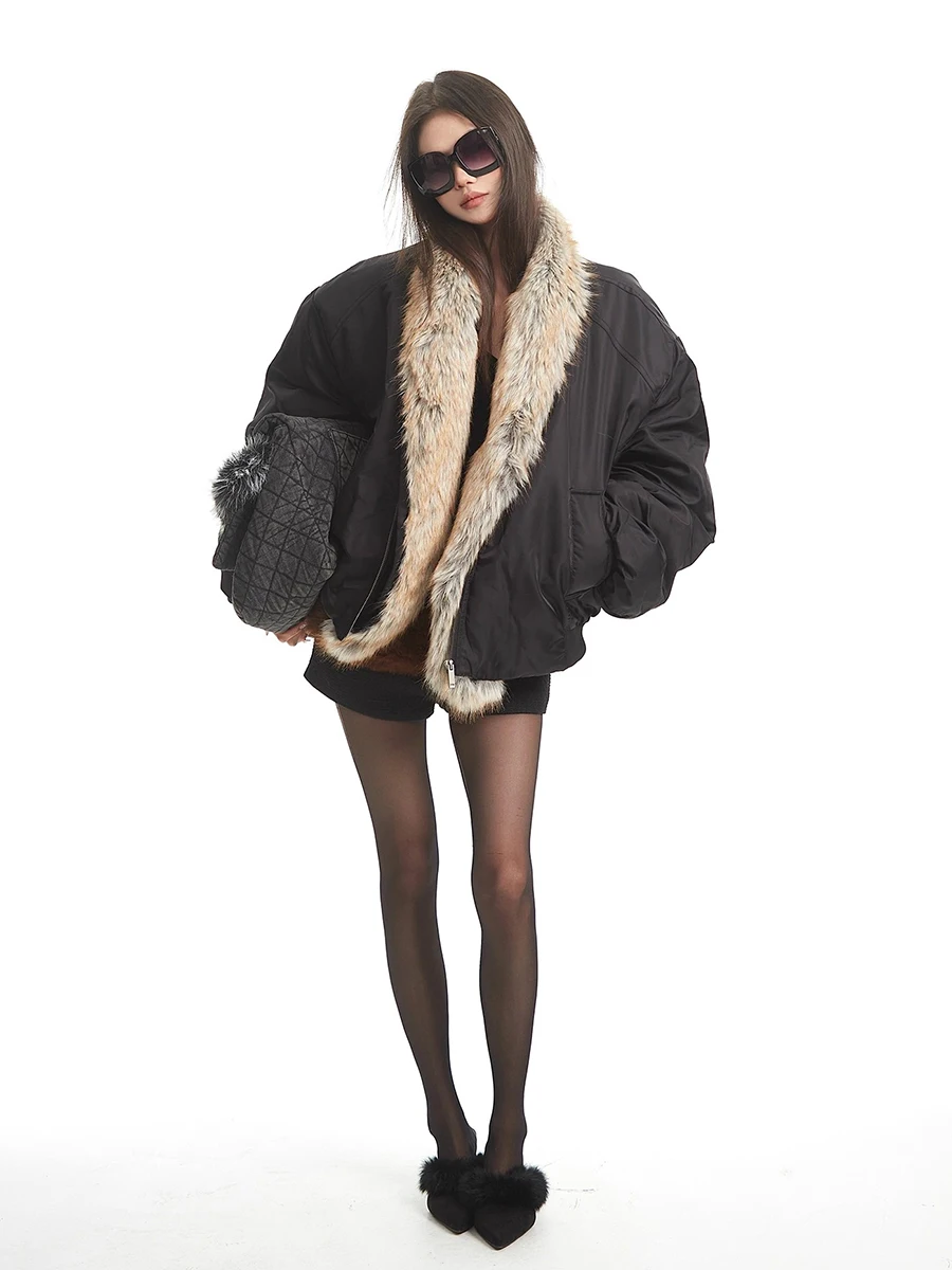 REDDACHiC 인조 모피 칼라 여성 봄버 재킷 열 보온 오픈 프론트 포켓 오버사이즈 바이커 모토 코트 빈티지 가을 겨울 아우터웨어