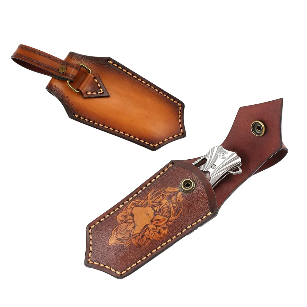 15CM Leather Knife Sheath First Layer Cowhide Embossed Folding Knife Holster with Belt Buckle