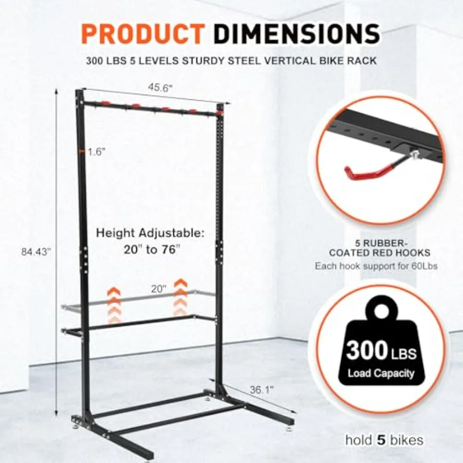 독립형 자전거 거치대 자전거 보관대 수직 자전거 스탠드 최대 5대 헬멧 홀더 포함 견고한 강철 자전거 거치대 가정용