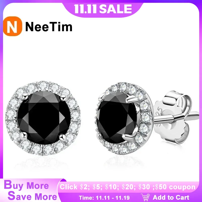 

NeeTim 6mm Black Moissanite Stud Earrings For Men Women 925 Sterling Silver with Gold Plated Luxury Jewelry With Certificate