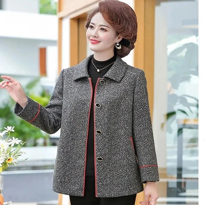 Middle-Aged Elderly Women's 2025 New Woolen Coat Mother Spring Autumn Outwear Joker Age-Reducing Wool Jacket Trend Female Top