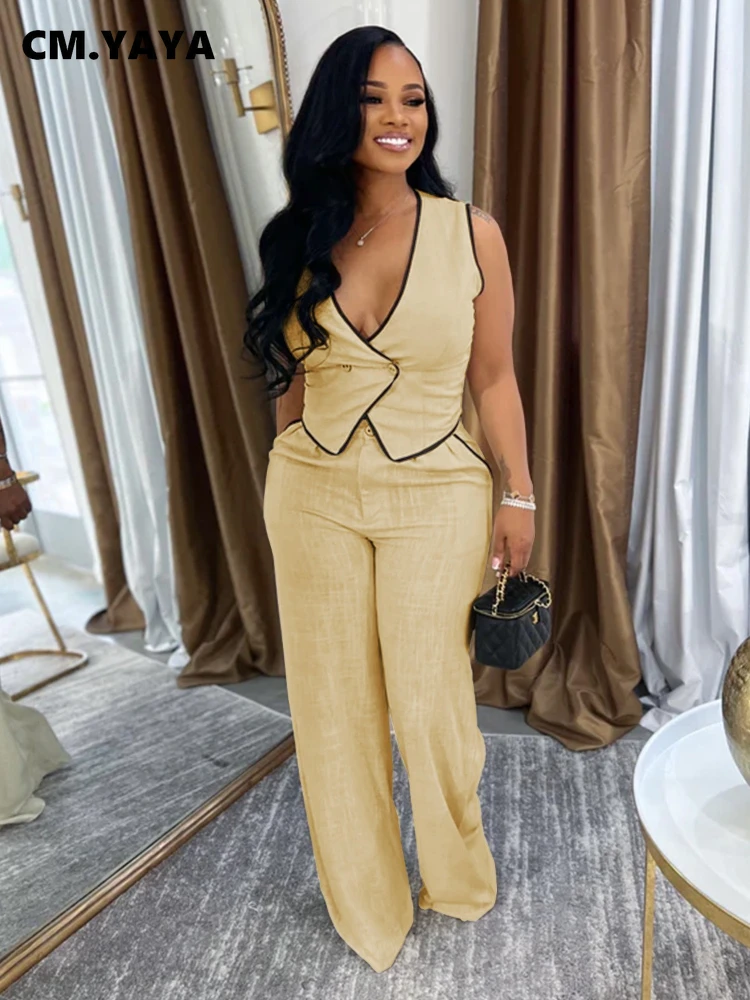 CM.YAYA مجموعة أزياء المرأة سترة بلا حمالات وسراويل واسعة الساق دعوى 2025 الصيف الشارع اثنين 2 قطعة مجموعات الزي رياضية #1