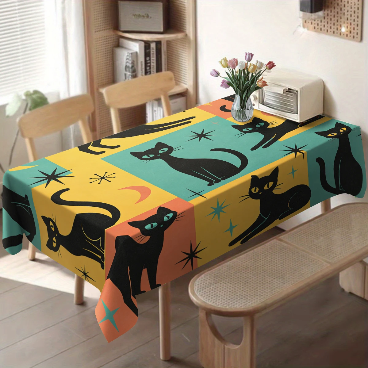 Vibrant Floral Leopard Splicing Polyester Tablecloth - Decorative Dining Table Cover, Stylish Home Dining Atmosphere Decoration