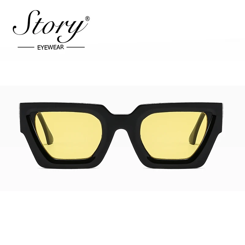 STORY Fashion Thick Frame Square Sunglasses Women Men Brand Designer Trend Vintage Yellow Lens Oversize Cateye Sun Glasses S3816