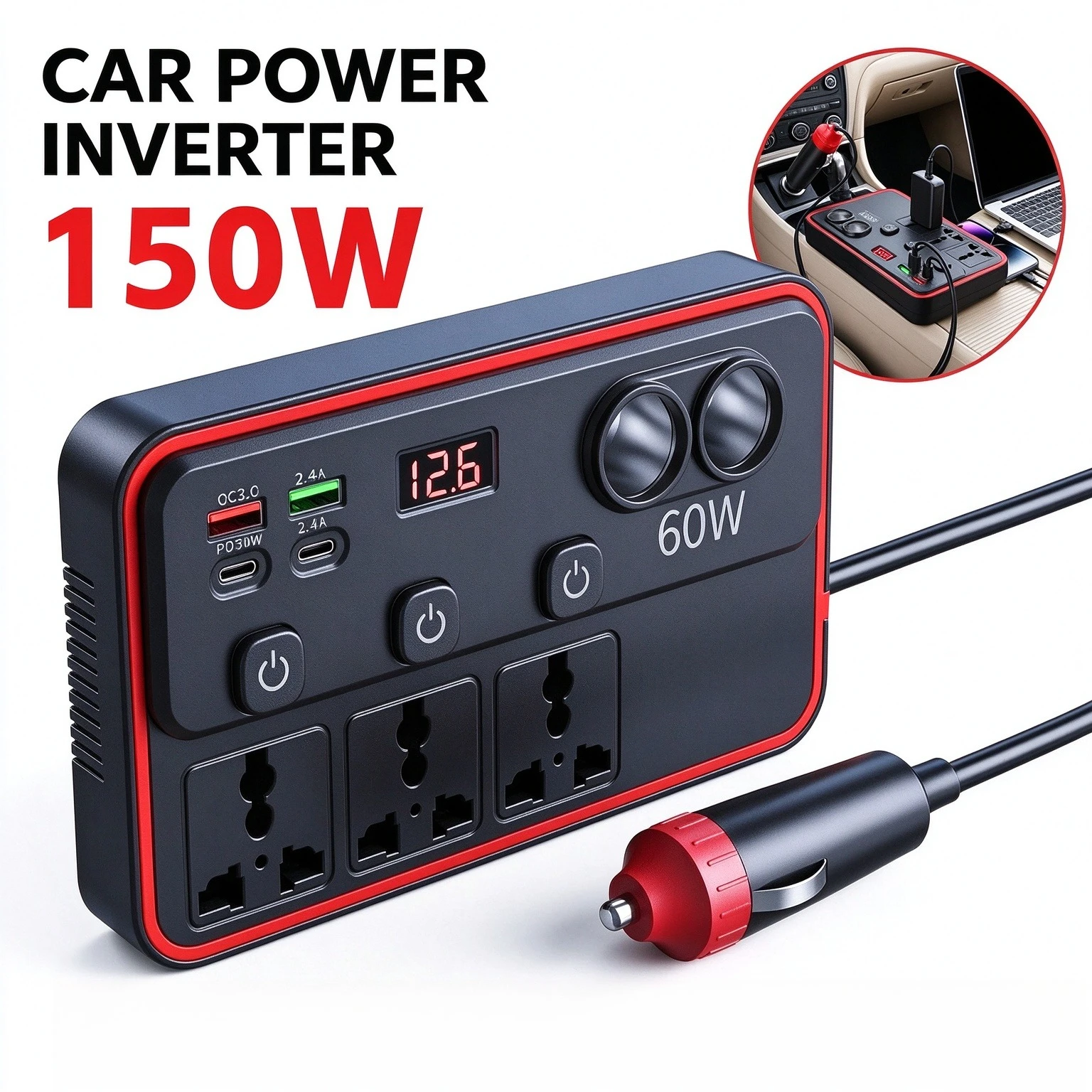 Vehicle Inverter, Car Inverter, Power Inverter, 150W Portable Car Power Converter With Control Switch & Digital Voltage Display, Supply AC Power For Small Electronics, Ideal Power Adapter For RV, Camping And Vehicle Road Trips