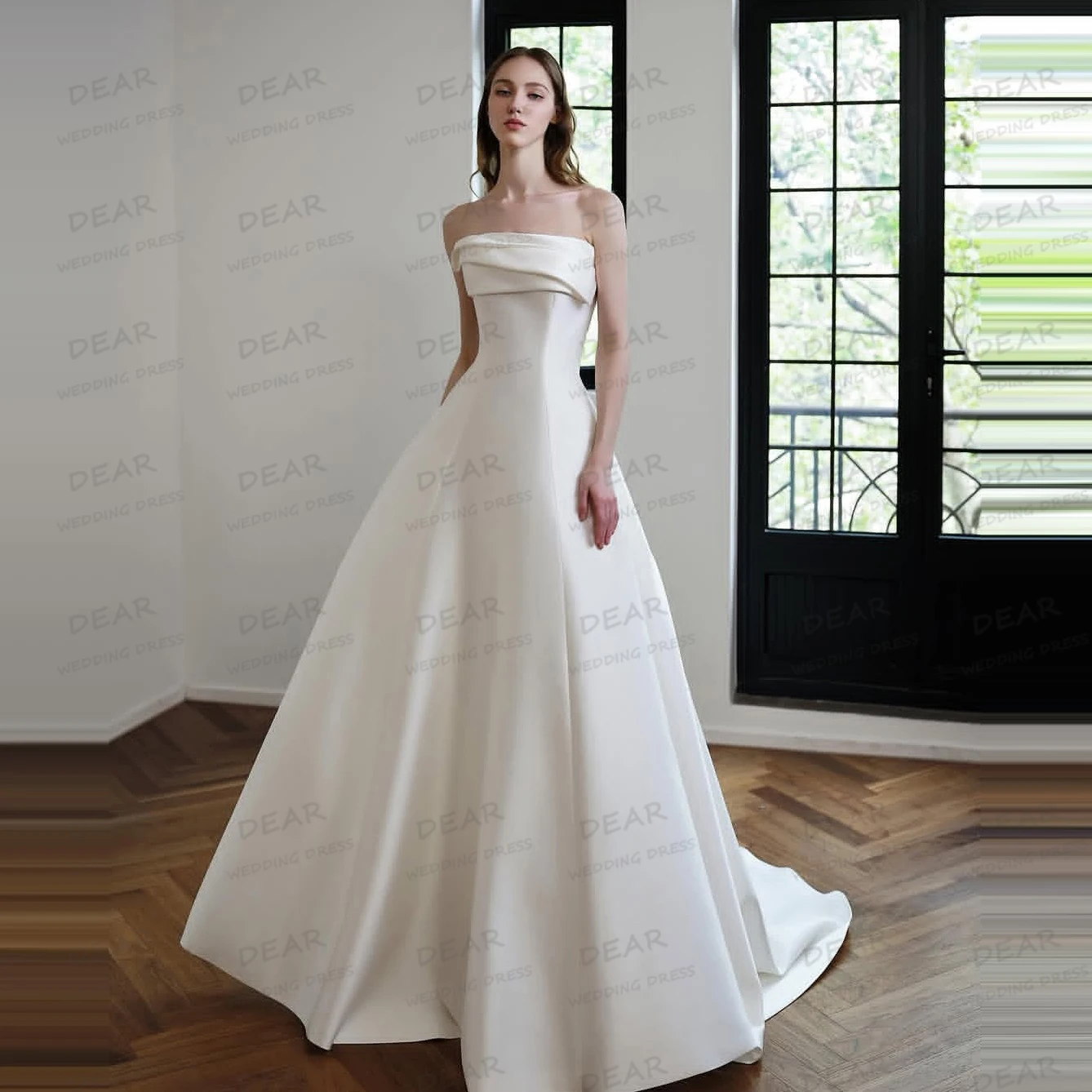 

Simple Pleat Satin Women's Wedding Dresses A Line Sexy Strapless Sleeveless Sweep Train Bride Gowns Vestidos De Novia Customized