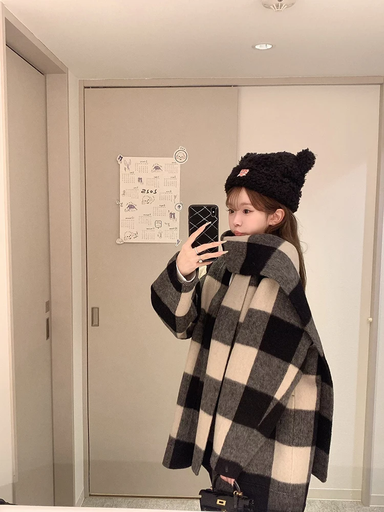 

Thiened Alpaca Scarf Coat Korean Sle Commute Loose Fit Long Sve Mid-Length Winter Faion for Women in Their 30s