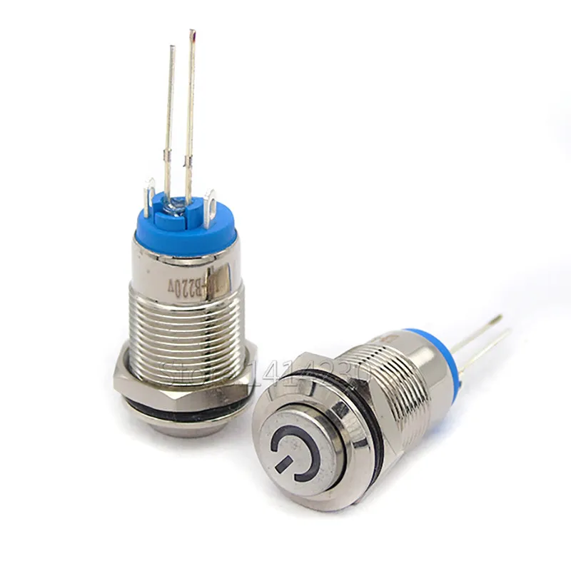 10Pcs 12mm 2Pin Metal Self-Locking Button Switch Blue LED Waterproof Small Switch With Resistor 220V