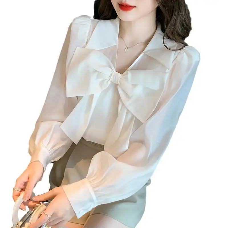 Elegant Bow Lantern Long Sleeve Chiffon Shirt Women\'s Clothing 2023 Spring New Fashion Office Lady Commuter Loose V-Neck Blouses