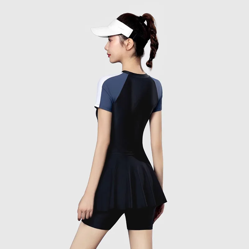 Women Sexy Sun Protection Front Zipper Outdoor Beach Surfing SwimSuit Athletic 2 Pieces Short Sleeve Bathing Swim Skirts+Trunks