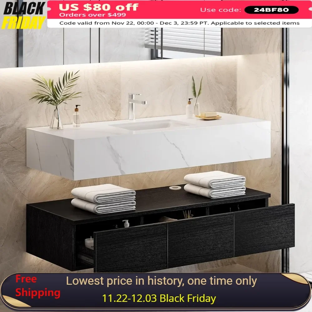 48 Inch Floating Vanity,with Sintered Stone Countertop, Ceramic Basin Sink and 3 Drawers,Wall Mounted Vanity