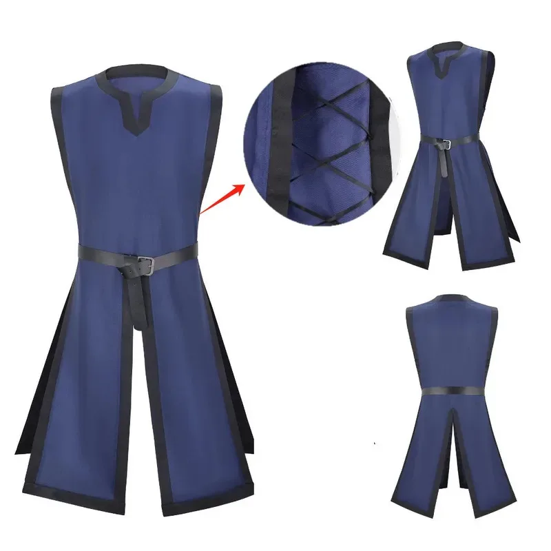 Camisa tipo túnica vikinga Medieval, cuello en V, sin mangas, con cinturón, actuación de Cosplay renacentista, disfraz de fiesta de Halloween, traje de guerreros 5f