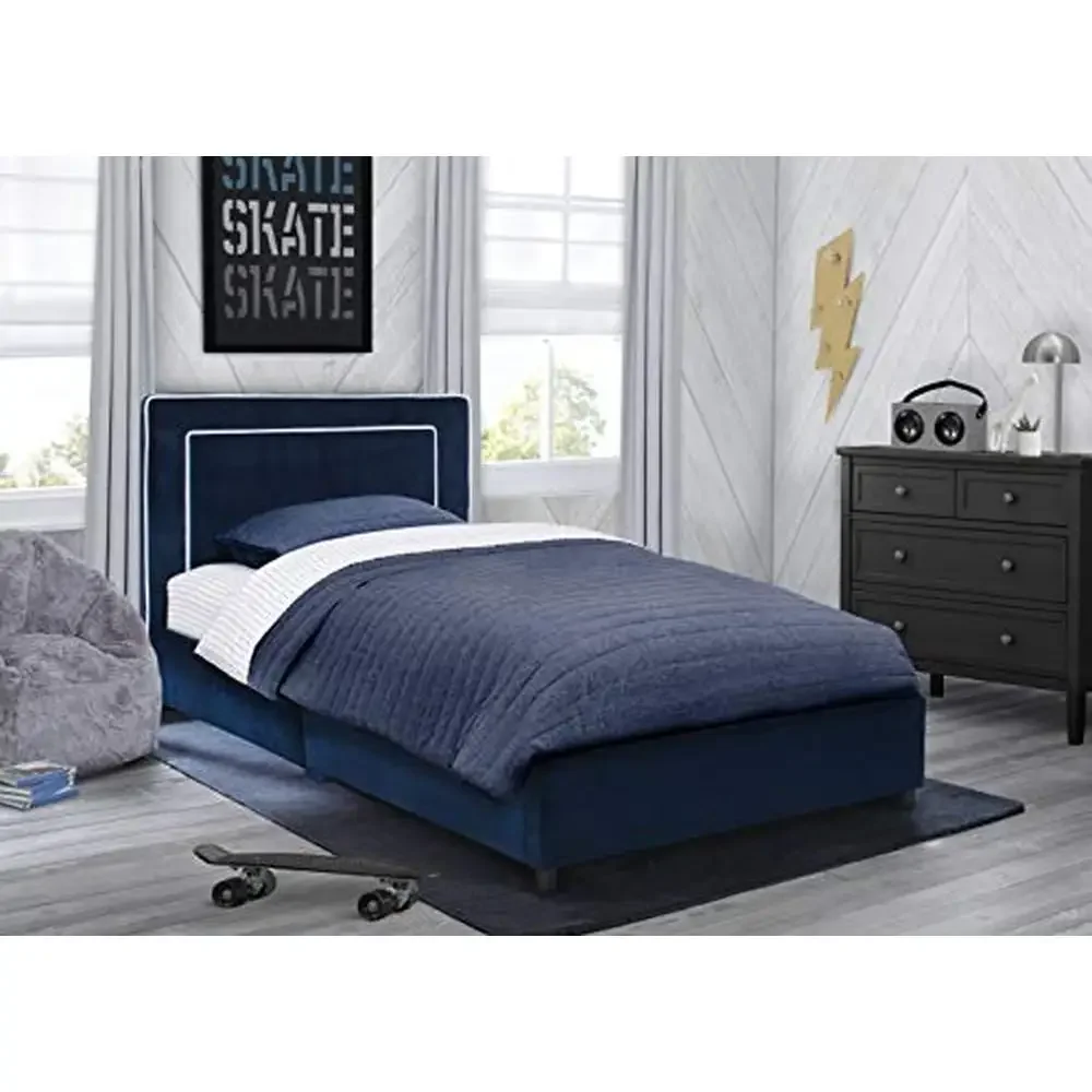 Blue Upholstered Twin Bed Kid-Friendly Low Height Sturdy Wood Frame Fits Standard Twin Mattress