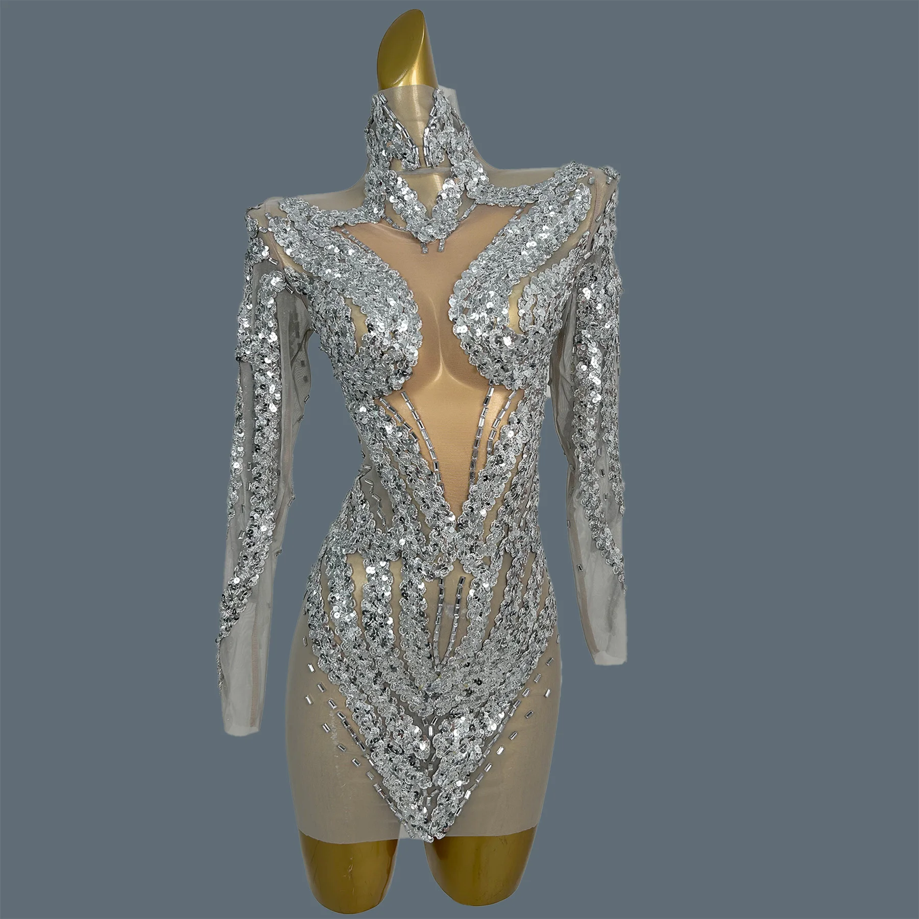 

Sexy Silver Sequins Long Sleeves Bandage Dress Birthday Party Event Cocktail Dress Club Dance Drag Queen Performer Wear Feixiang