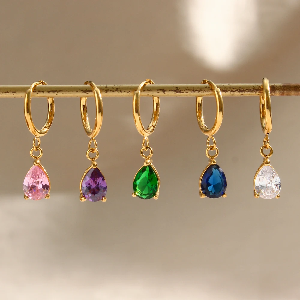 MamacitaSlay Luxury Colored Zircon Water Drop Earrings for Women Trendy 18K Gold Plated Hoop Pendientes Mujer Party Jewelry image 5