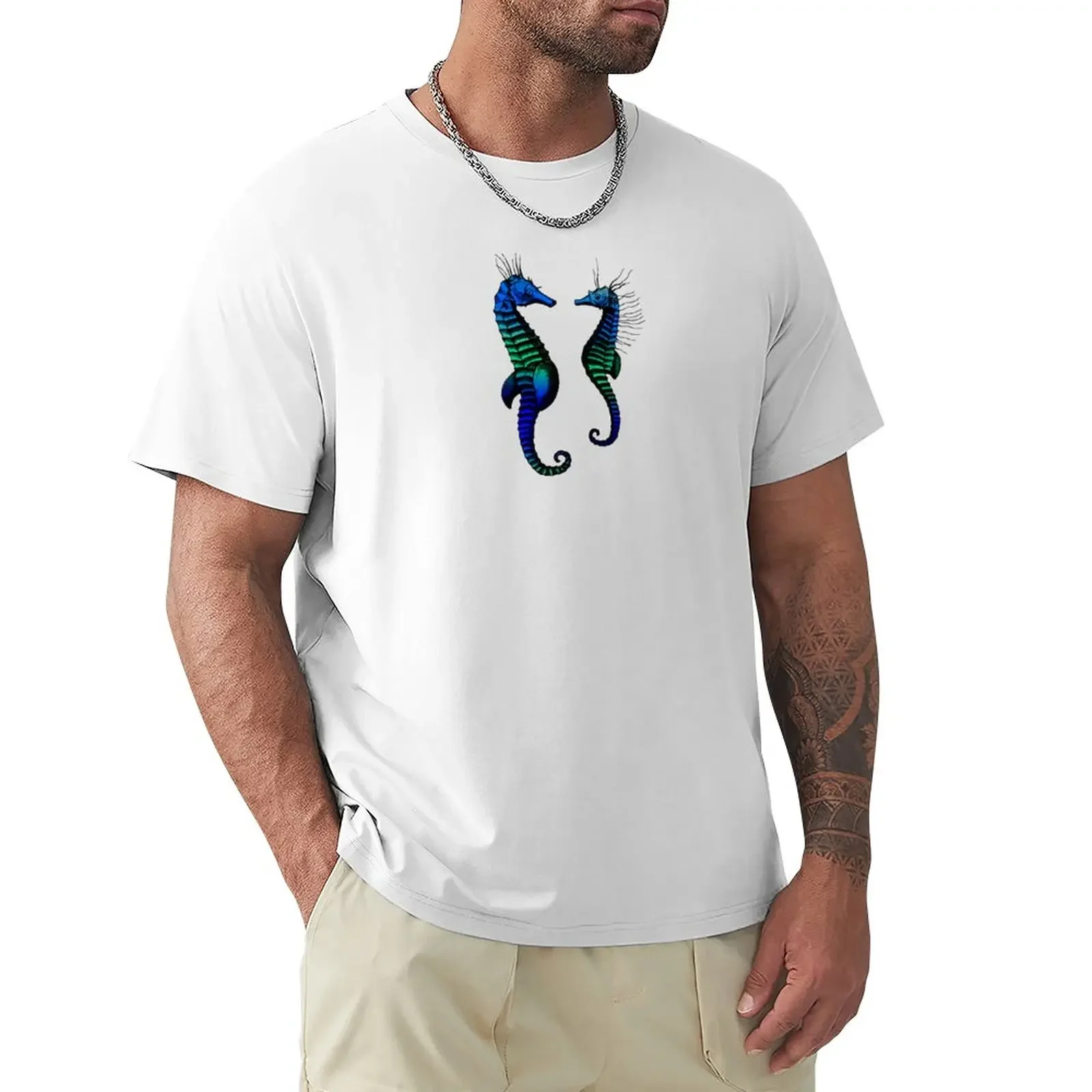 Seahorses by Linea Mallette. Male and female couple of seahorses, enhanced colours. T-Shirt anime Men's clothing