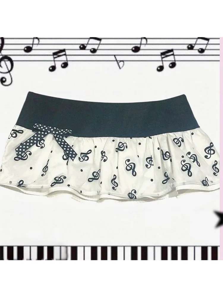 Kawaii Punk MIni Skirt Summer 2000s Women Clothes Cute Chic Bow Musical Note Tiered Short Skirts Sexy Aesthetic Sweet Skirts
