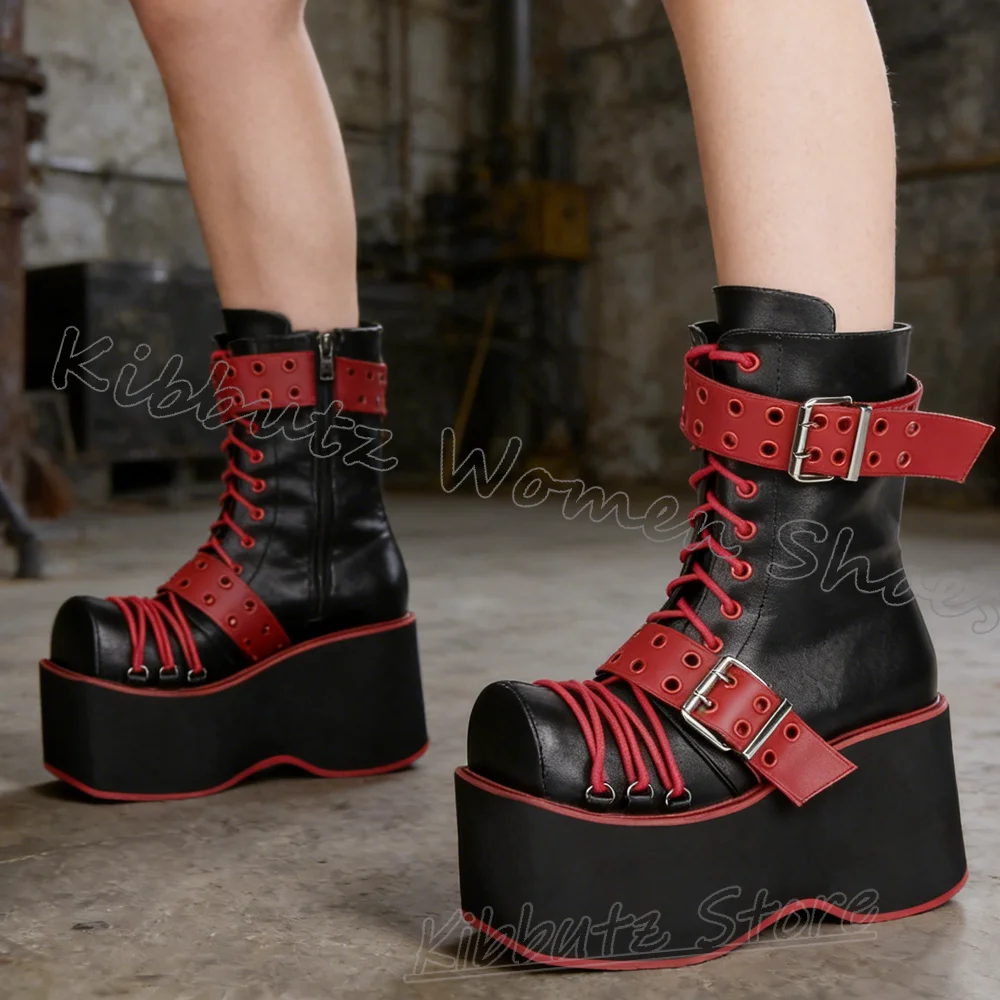 Ankle Cross Strap Boot Platform Mixed Color Leather Belt Buckle Thick Bottom Women Shoes Round Toe Fashion Luxury Novelty Newest