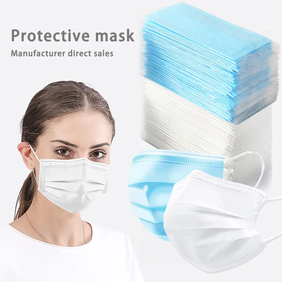 50/100 Buah Masker Sekali Pakai untuk Wajah Masker Dewasa Biru Putih Grosir Pabrik 3 Lapis Masker Wajah Sejuk Non-tenun Meltblown