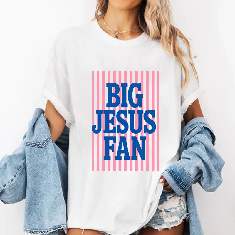 Big Jesus Fan T Shirt Womens Religious Short Sleeve Printed T-shirt Striped Preppy Christian T-Shirt Faith Pullover Round Neck