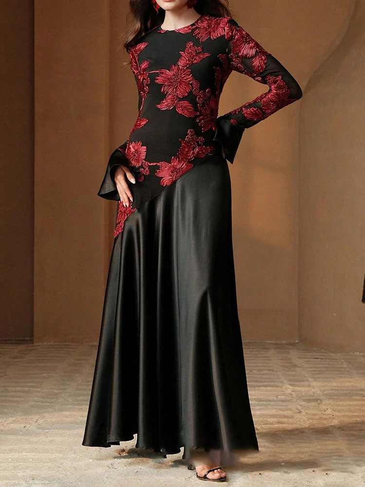 Abiti a vita alta con temperamento Abito da sera in raso con ricamo o-collo vintage Abito elegante a pieghe da donna con maniche svasate