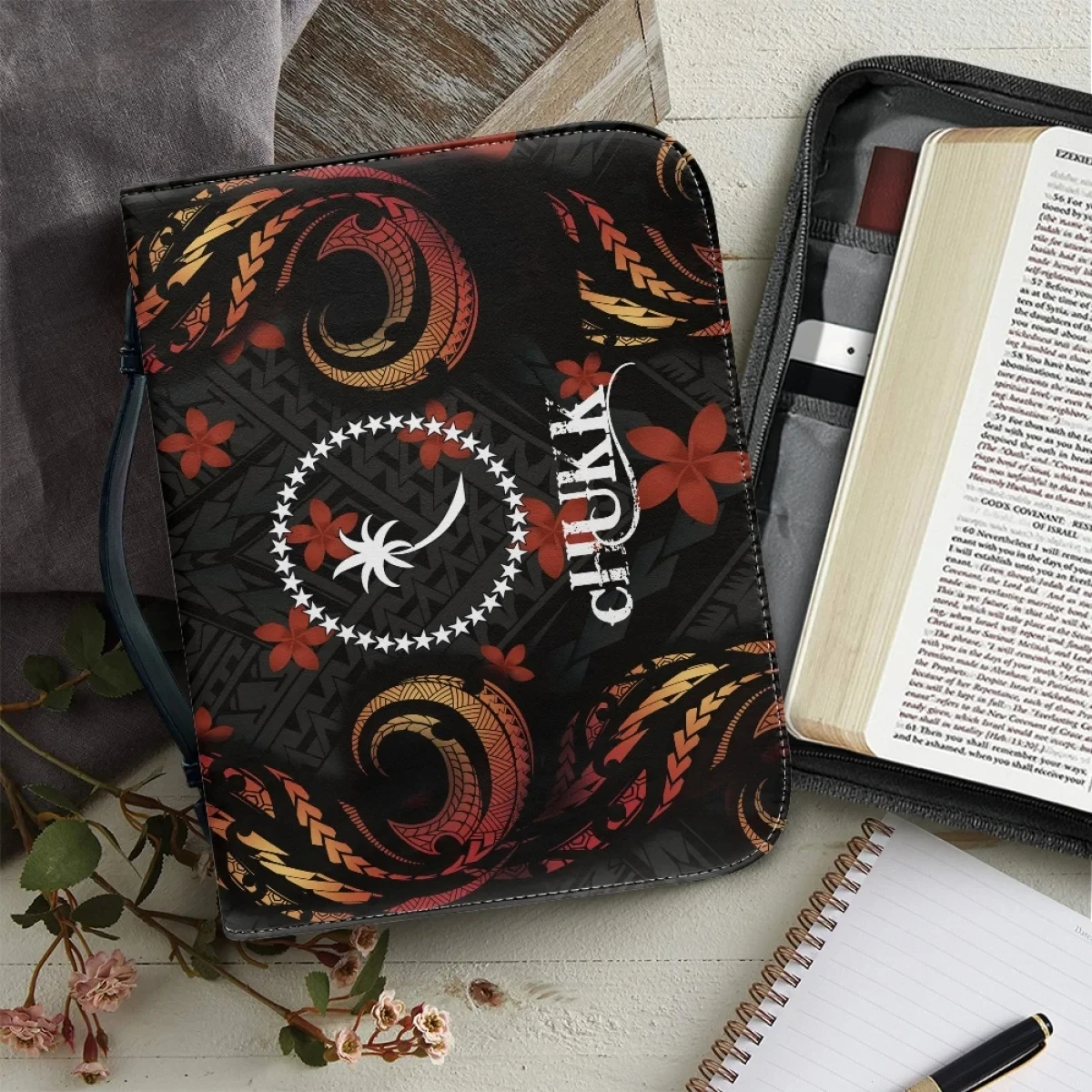 

Bible Cover Case Fashion Polynesia Tribal Leather Handbags Female Zippered Handle Portable Church Bible Storage Print on Demand