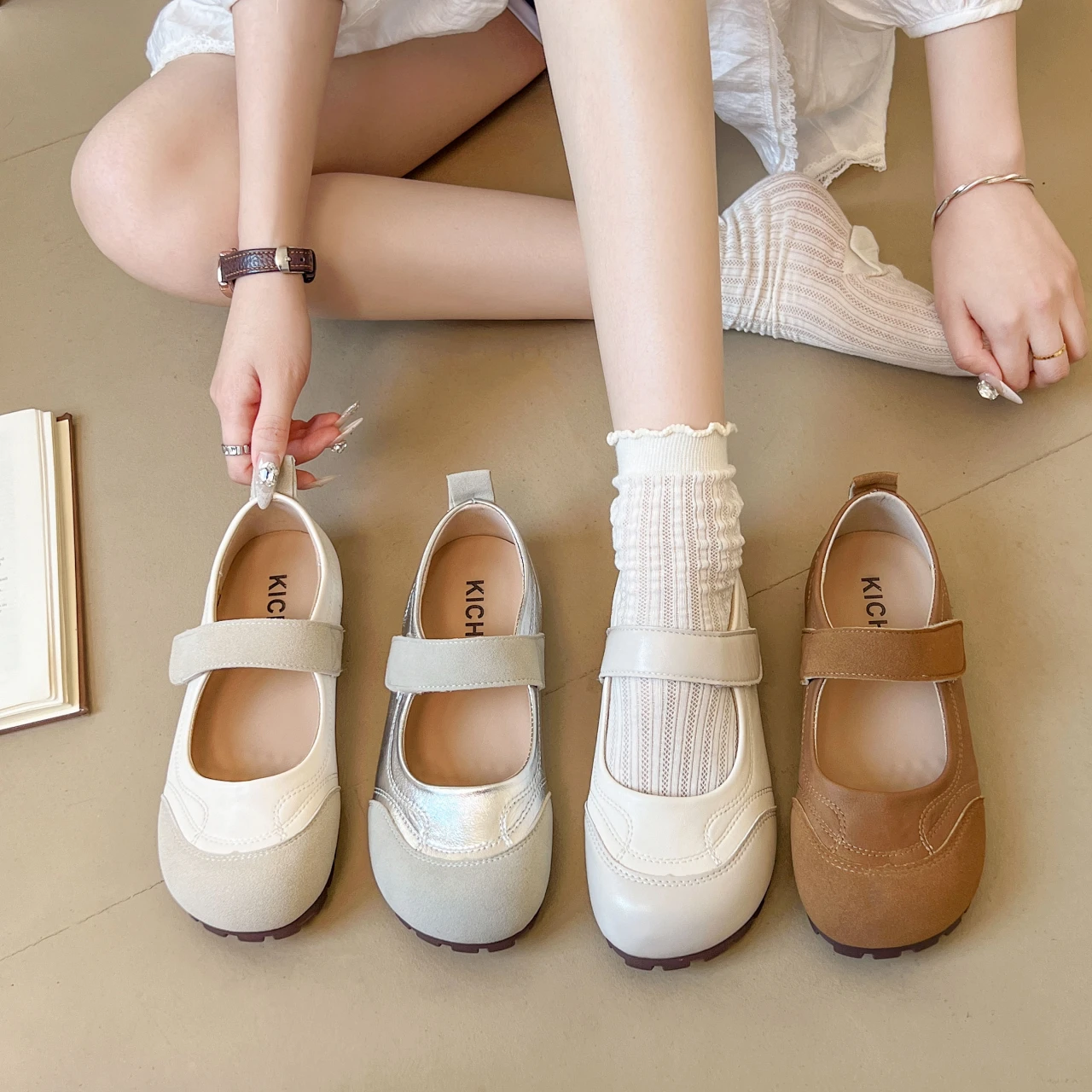 

Women's Plus Size Mary Jane Shoes Spring and Summer Hollow Breathable Hook and Loop Design Soft-soled Comfortable Low-top Shoes