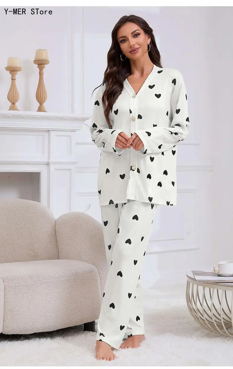 Women Small Heart Print Jacquard Pajama Set Round Neck Long Sleeve Two Piece Wearable Outside Home Loungewear