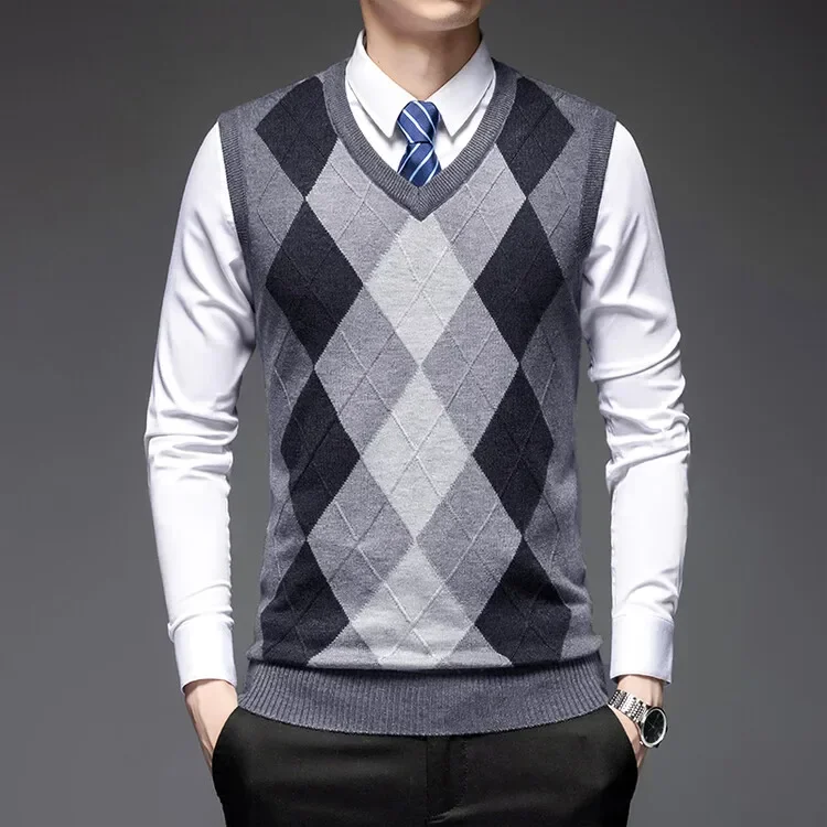 Men's Business Casual Pullover Wear Warm Sleeveless Wool Knitted Sweater Vest Tops