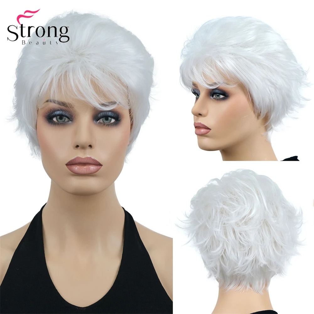 

Strongbeauty Парики с стрижкой пикси Синтетический короткий белый парик с стрижкой пикси с челкой Бесклеевой многослойный парик для женщин